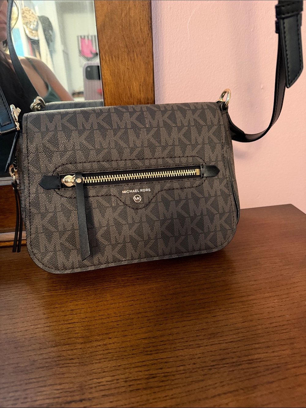 Michael Kors Brown MK Signature Crossbody Bag with Gold Hardware